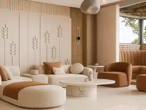 Stylish living room adorned with white furniture, highlighting premier home decor options in Dubai.
