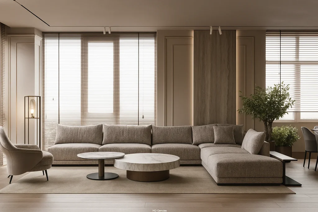 About lushspaces modern living room featuring a spacious sectional sofa, designed for comfort and style in a refined setting.