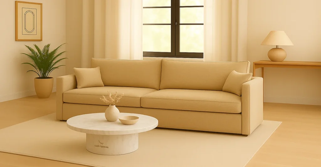 A modern Dubai living room featuring a stylish sofa cum bed, a chic table, and a large window, creating a cozy and inviting ambiance.