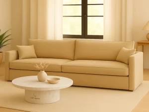 A modern Dubai living room featuring a stylish sofa cum bed, a chic table, and a large window, creating a cozy and inviting ambiance.