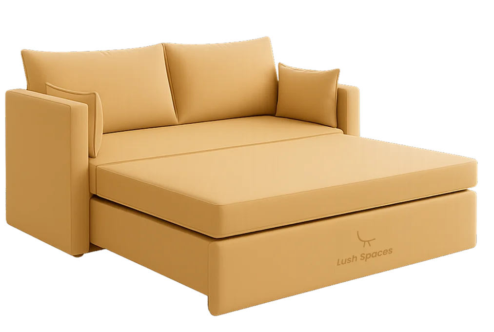 A stylish living room in Dubai featuring a modern sofa cum bed, a sleek table, and a large window, combining comfort with practicality.