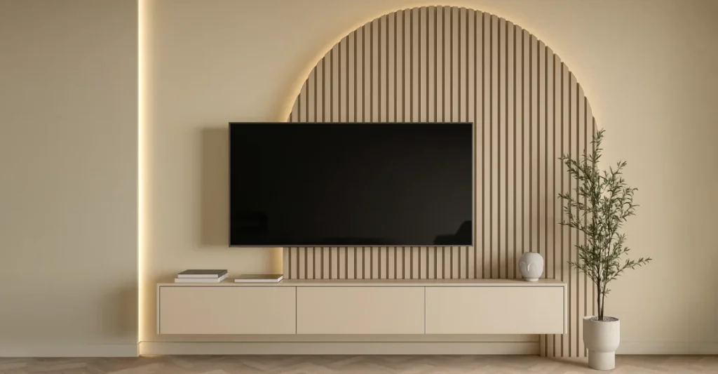 Modern living room with stylish TV Wall Panels and a decorative plant in the corner.