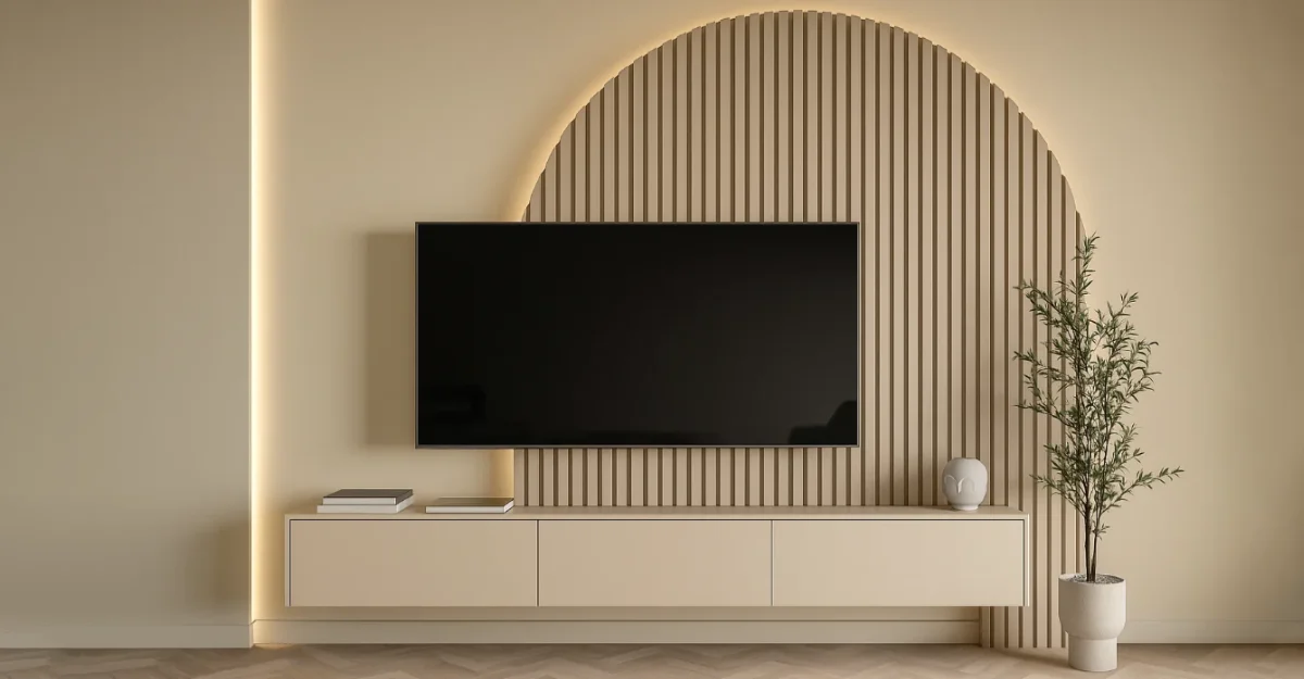 Modern living room with stylish TV Wall Panels and a decorative plant in the corner.