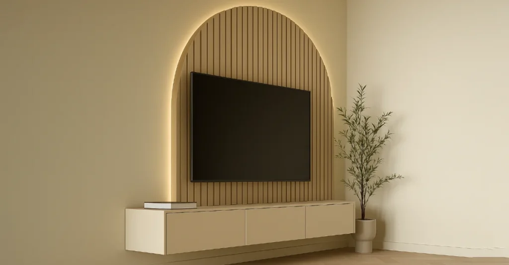 Contemporary living room with a wall-mounted TV and a vibrant plant adding a touch of greenery.