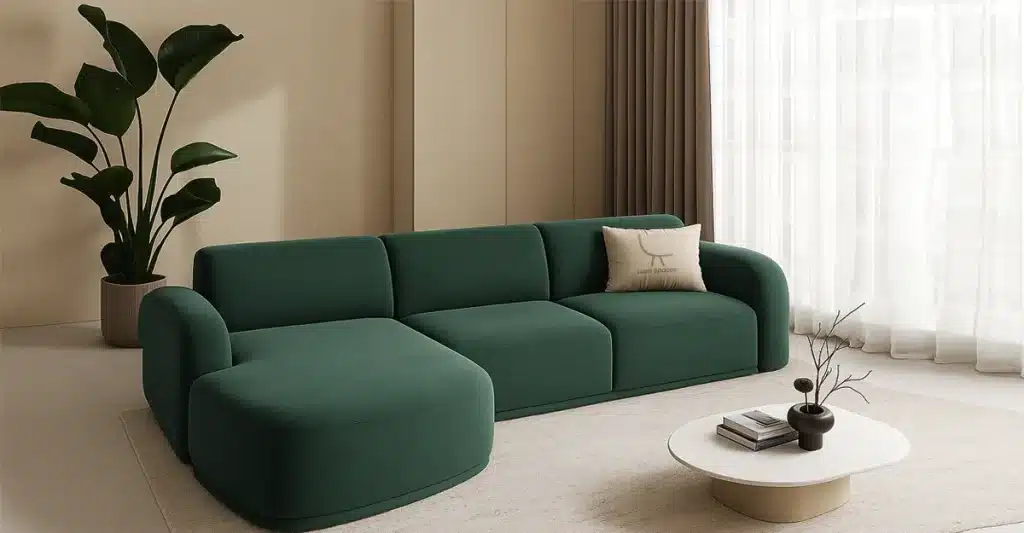 A green sectional sofa in a living room, showcasing a custom sofa bed design available in Dubai.