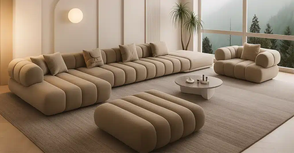 A modern living room featuring a large sectional sofa, designed as a custom sofa bed in Dubai.