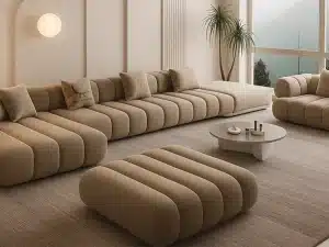 A modern living room featuring a large sectional sofa, designed as a custom sofa bed in Dubai.