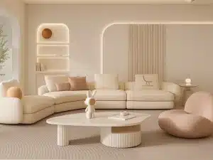 A sleek living room with custom furniture in Dubai, featuring white sofas, modern tables, and stylish lamps that highlight elegant design.