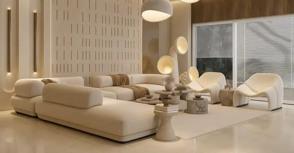 A modern living room featuring custom furniture in Dubai, with elegant white sofas, sleek tables, and stylish lamps for a contemporary interior.
