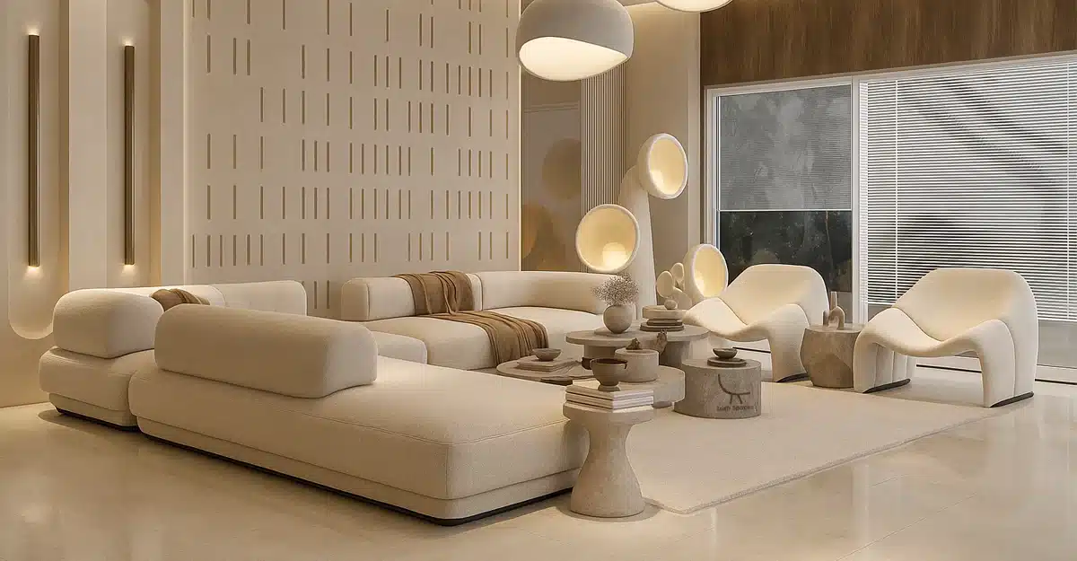 A modern living room featuring custom furniture in Dubai, with elegant white sofas, sleek tables, and stylish lamps for a contemporary interior.