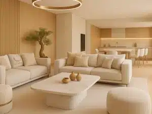 A contemporary living room featuring custom furniture in Dubai, with white sofas and lamps inspired by modern Dubai interiors.