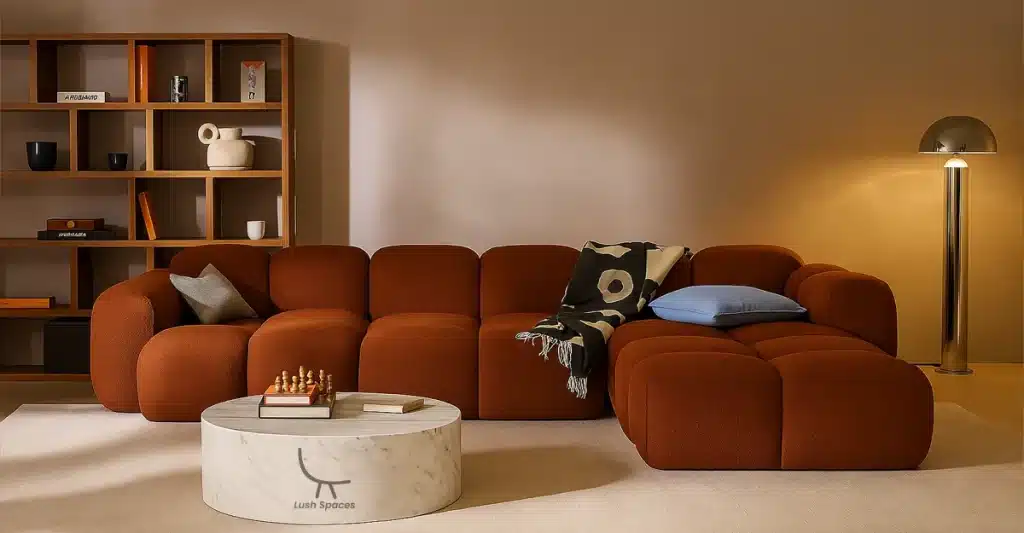 A cozy living room featuring a custom sofa bed, coffee table, and bookshelf, designed for comfort and style in Dubai.