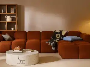 A cozy living room featuring a custom sofa bed, coffee table, and bookshelf, designed for comfort and style in Dubai.