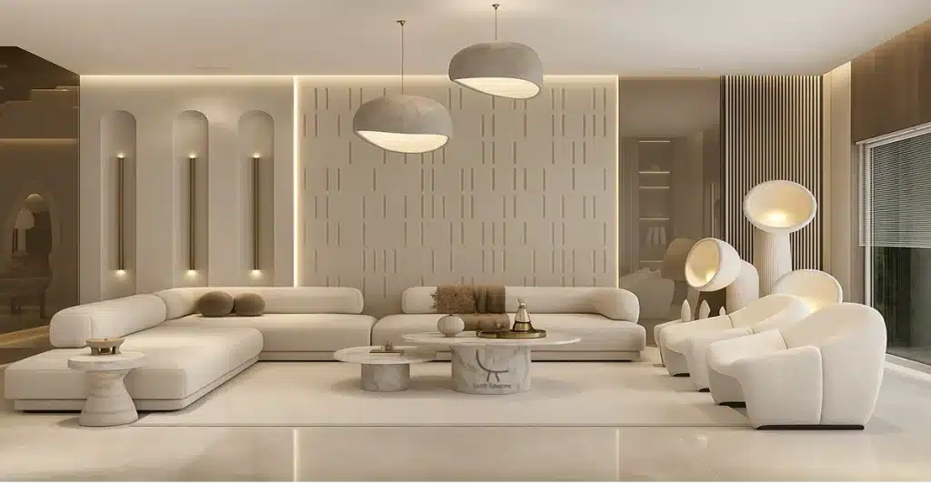 Modern Living Room Furniture Dubai with sleek white furniture and stylish lighting showcasing contemporary interior design.