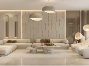 Modern Living Room Furniture Dubai with sleek white furniture and stylish lighting showcasing contemporary interior design.