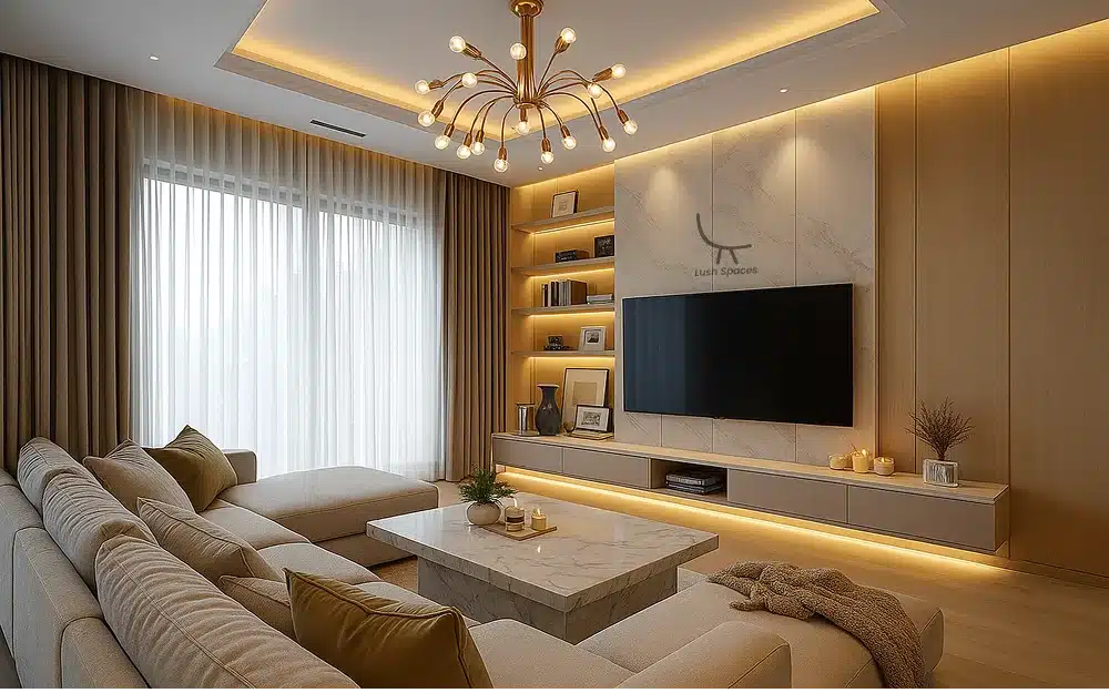 Modern Living Room Furniture Dubai with a large TV, elegant chandelier, and stylish furniture showcasing contemporary design.