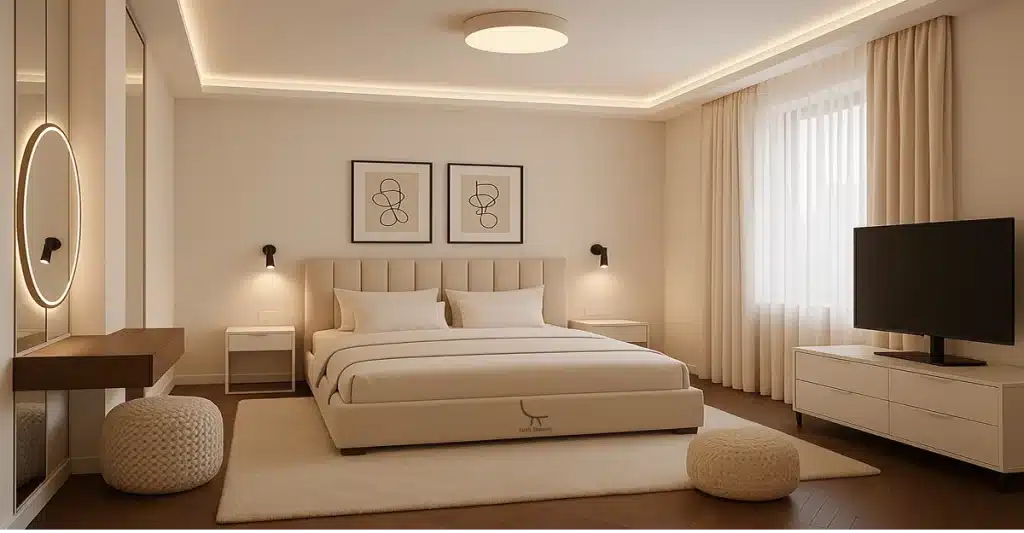 Modern Living Room Furniture Dubai styled with a contemporary bed, television, and mirror design reflecting Dubai’s modern interiors.