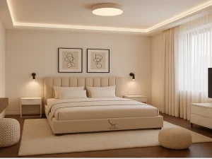 Modern Living Room Furniture Dubai styled with a contemporary bed, television, and mirror design reflecting Dubai’s modern interiors.