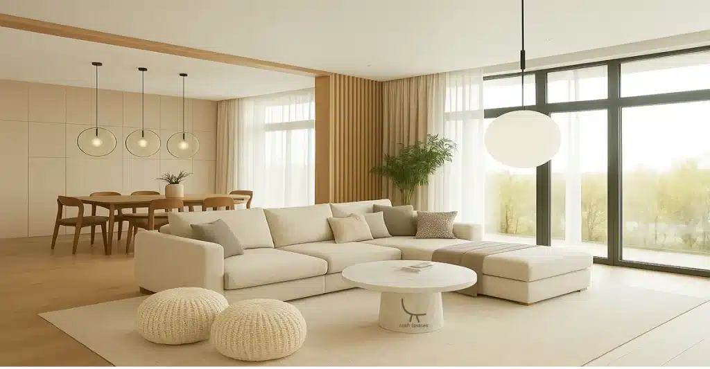 Modern Living Room Furniture Dubai featuring sleek sofas and décor with a large window allowing natural light to brighten the space.