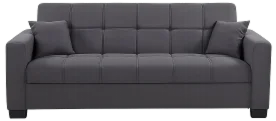 Modern charcoal fabric sofa with sleek lines and contemporary design, perfect for stylish living spaces.