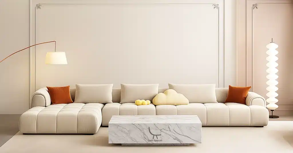A cozy living room featuring a couch, coffee table, and lamp, illustrating a stylish space for made-to-order furniture in UAE.