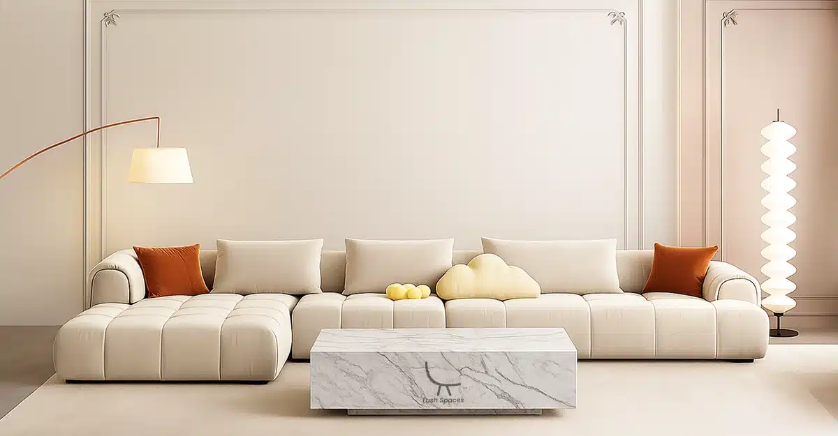 A cozy living room featuring a couch, coffee table, and lamp, illustrating a stylish space for made-to-order furniture in UAE.
