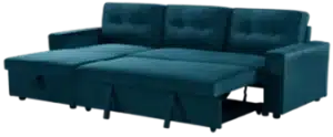 Blue sectional couch with a storage unit, designed as a sofa cum bed for versatile living space use.