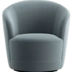 A gray sofa chair set against a solid black background.