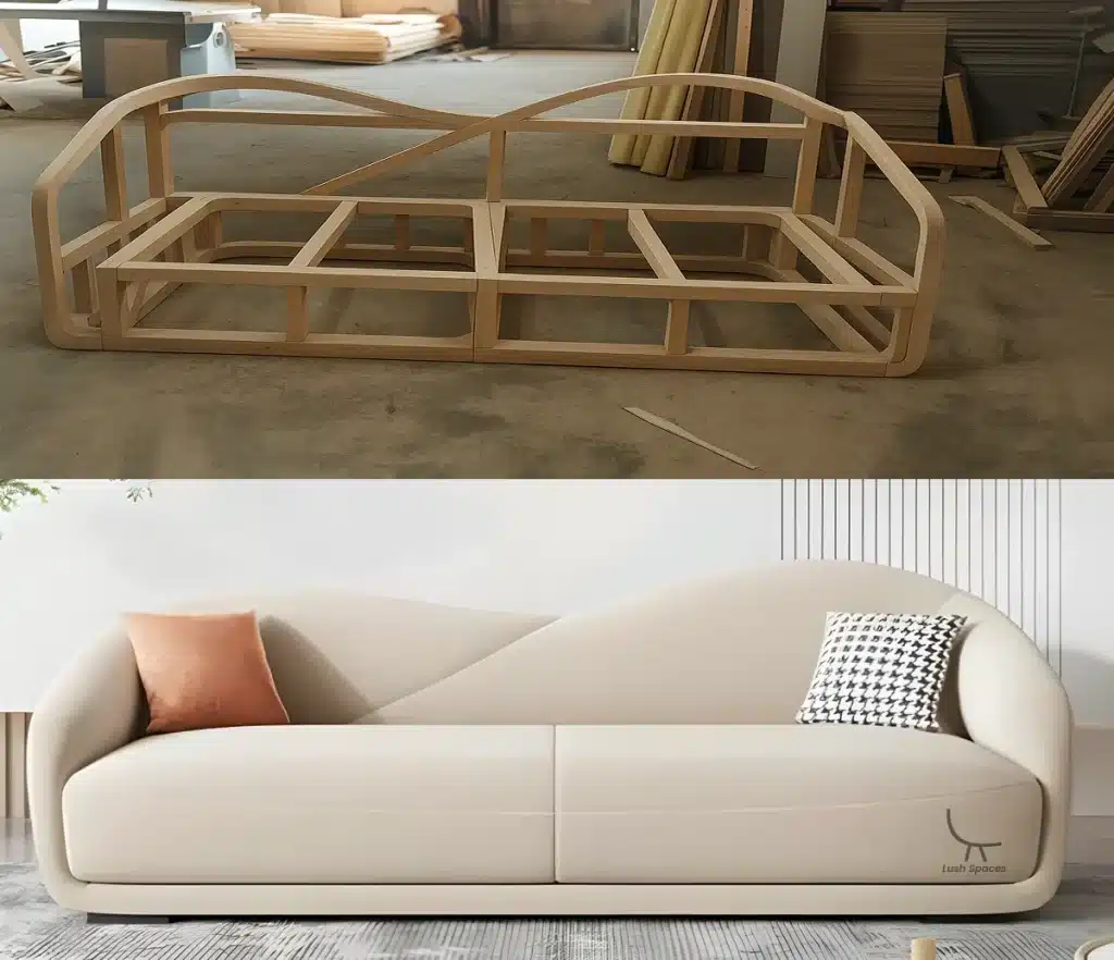 A stylish sofa with a curved backrest alongside a matching chair, featured in a guide to made-to-order furniture in UAE.