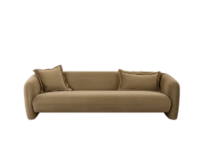 Lou Performance Velvet Sofa displayed against a gray background, showcasing its elegant design and plush texture.