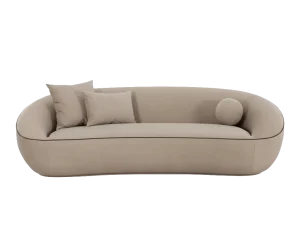 Taupe Performance Faux Mohair Sofa with decorative pillows, set against a solid black background.