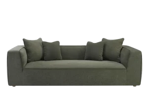 Tristine Olive Green Basketweave Sofa adorned with decorative pillows, showcasing a cozy and inviting living space.