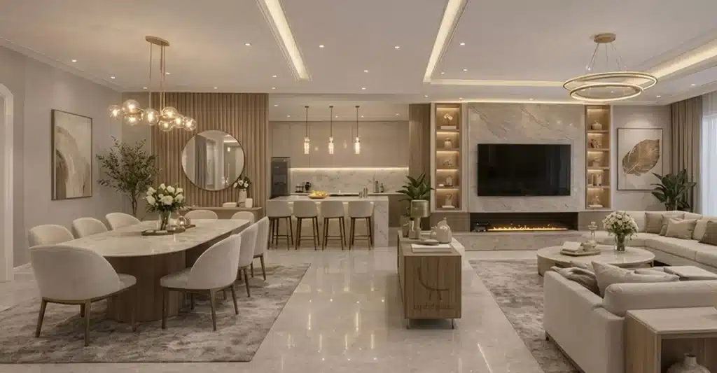 Bespoke furniture Dubai luxury living room with custom sectional sofa and dining set by LushSpaces