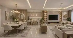 Bespoke furniture Dubai luxury living room with custom sectional sofa and dining set by LushSpaces
