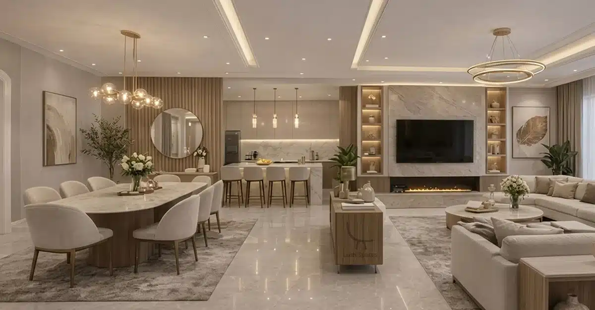 Bespoke furniture Dubai luxury living room with custom sectional sofa and dining set by LushSpaces