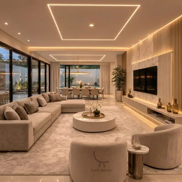Bespoke furniture Dubai open-plan villa living room with custom L-shaped sofa and TV wall unit by LushSpaces