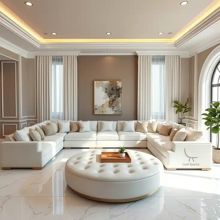 Bespoke furniture Dubai white custom U-shaped sectional sofa with tufted ottoman in luxury villa by LushSpaces