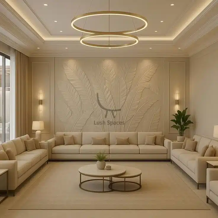 Bespoke furniture Dubai minimalist living room with custom sofa set and round coffee table by LushSpaces